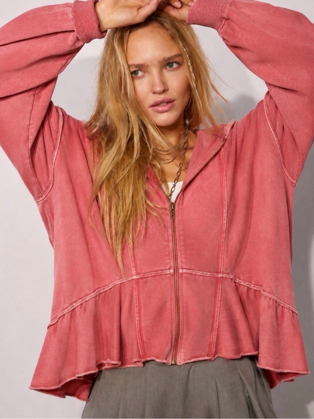 FREE PEOPLE Piece Of Cake Oversized Pink Ruffle Hooded Sweatshirt Size M - Picture 3 of 12